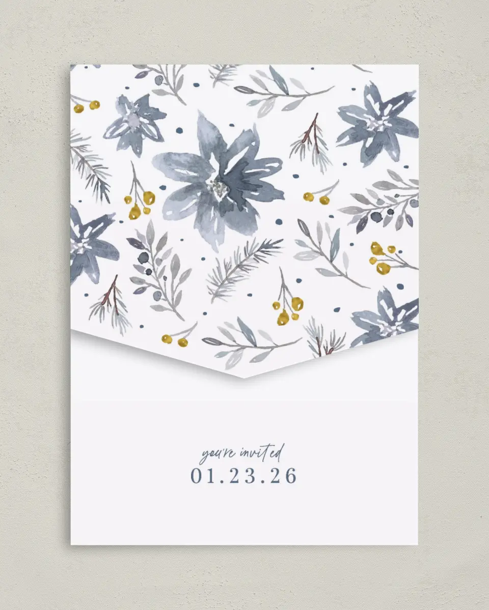 This is a 5¼" x 7¼" Folded Pocket Wedding Invitation called Winter Floral printed in full color on Premium Smooth paper