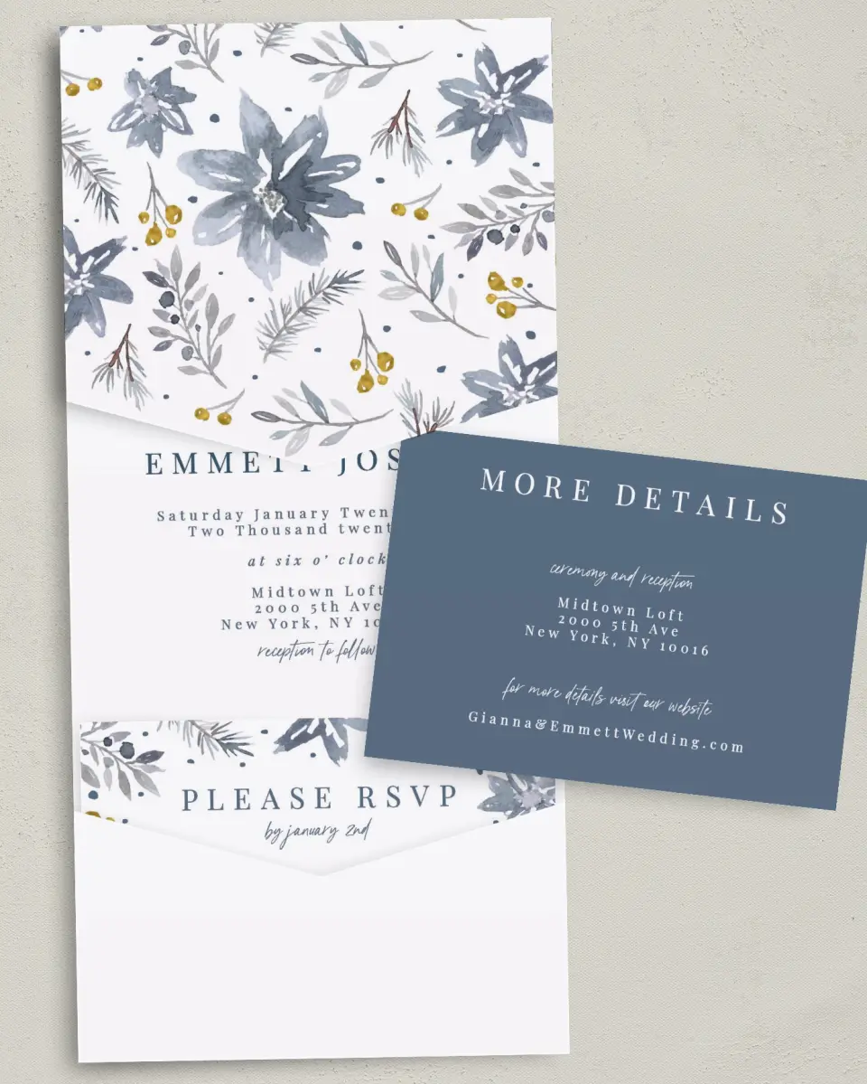 This is a 5¼" x 7¼" Folded Pocket Wedding Invitation called Winter Floral printed in full color with Gold foil on Luxe Satin (coated) paper