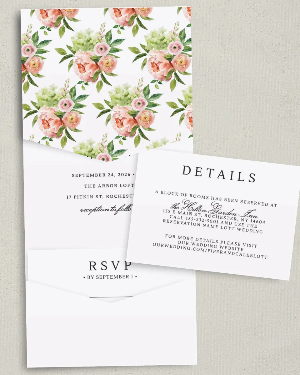 This is a 5¼" x 7¼" Folded Pocket Wedding Invitation called Elegant Unity printed in full color with Gold foil on Luxe Satin (coated) paper