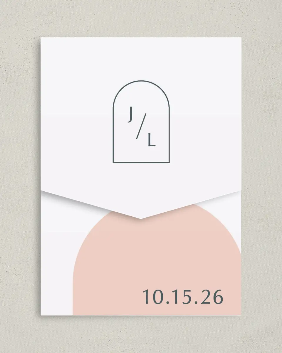 This is a 5¼" x 7¼" Folded Pocket Wedding Invitation called Mod Shapes printed in full color on Premium Smooth paper