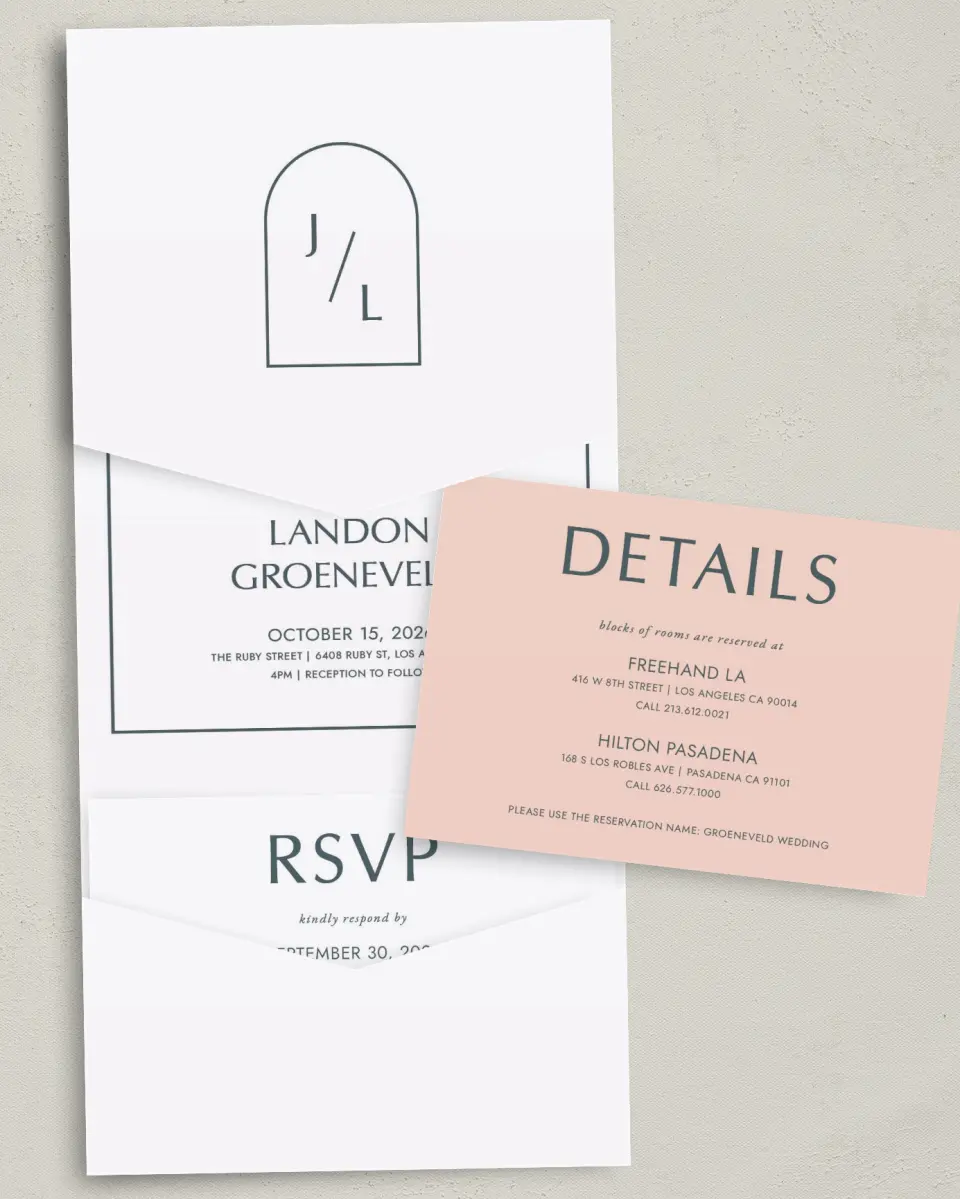 This is a 5¼" x 7¼" Folded Pocket Wedding Invitation called Mod Shapes printed in full color with Gold foil on Luxe Satin (coated) paper