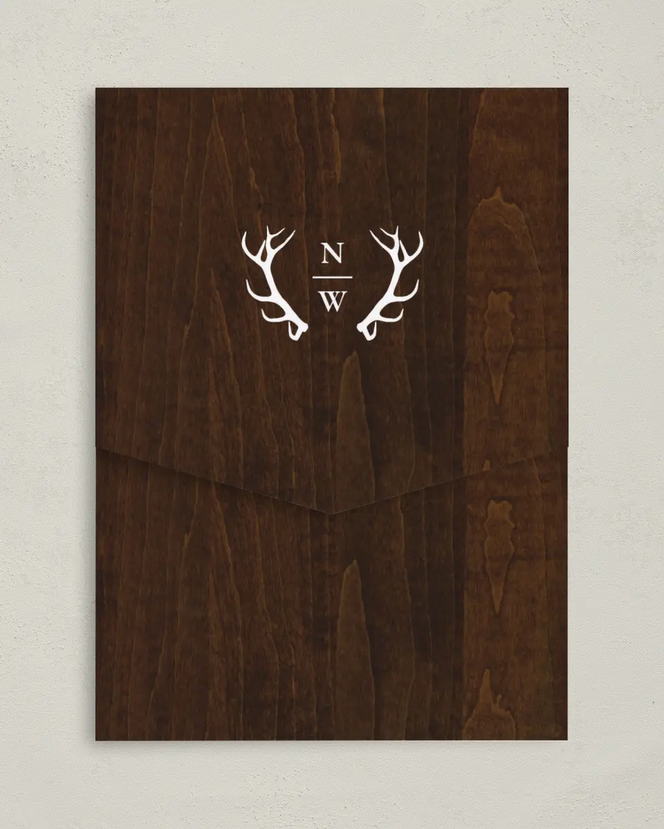 This is a 5¼" x 7¼" Folded Pocket Wedding Invitation called Rustic Antler printed in full color on Premium Smooth paper