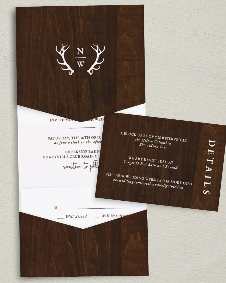 This is a 5¼" x 7¼" Folded Pocket Wedding Invitation called Rustic Antler printed in full color with Gold foil on Luxe Satin (coated) paper