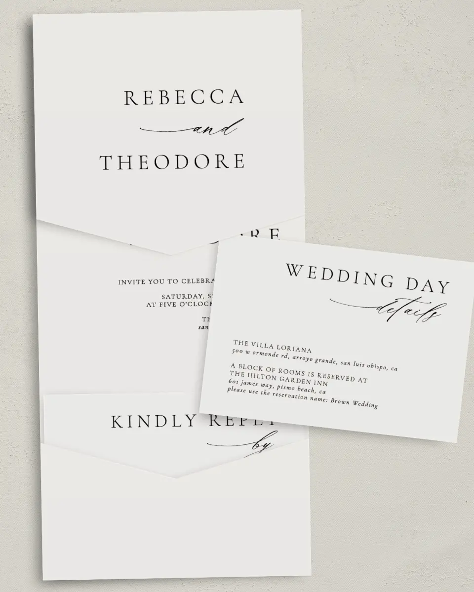 This is a 5¼" x 7¼" Folded Pocket Wedding Invitation called Simply Elegant printed in full color with Gold foil on Luxe Satin (coated) paper