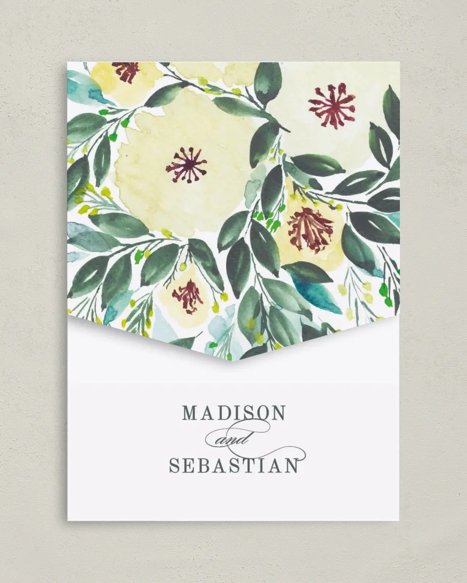 This is a 5¼" x 7¼" Folded Pocket Wedding Invitation called Bold Blooms printed in full color on Premium Smooth paper