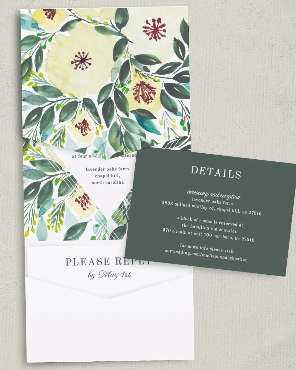 This is a 5¼" x 7¼" Folded Pocket Wedding Invitation called Bold Blooms printed in full color with Gold foil on Luxe Satin (coated) paper