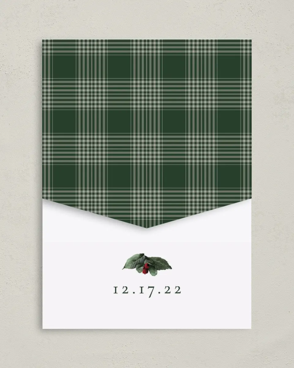 This is a 5¼" x 7¼" Folded Pocket Wedding Invitation called Festive Celebration printed in full color on Premium Smooth paper