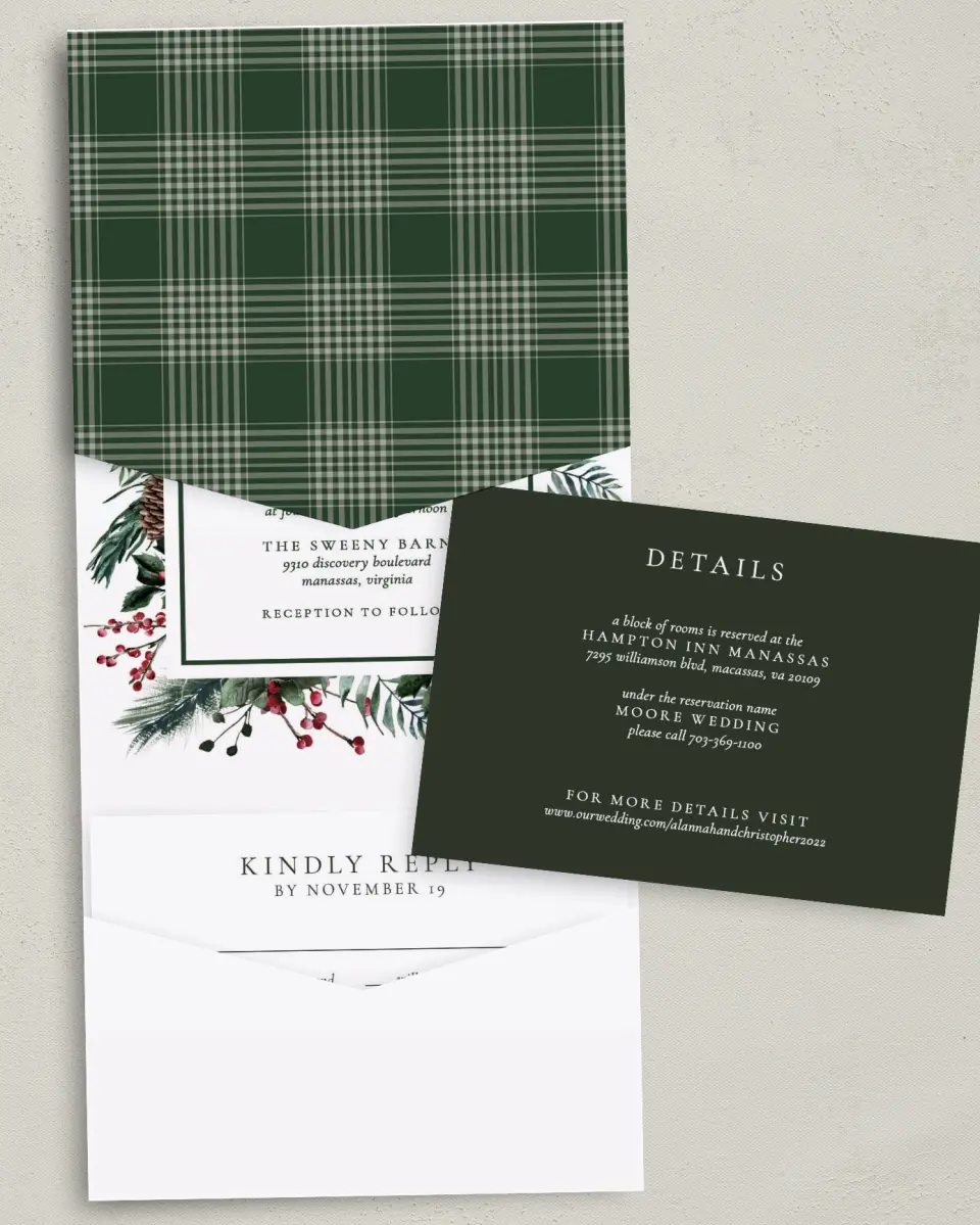 This is a 5¼" x 7¼" Folded Pocket Wedding Invitation called Festive Celebration printed in full color with Gold foil on Luxe Satin (coated) paper
