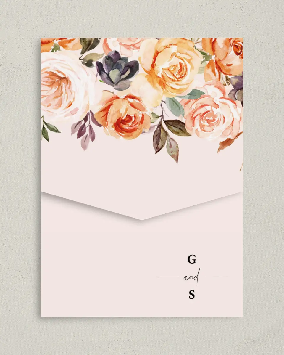 This is a 5¼" x 7¼" Folded Pocket Wedding Invitation called Romantic Garden printed in full color on Premium Smooth paper