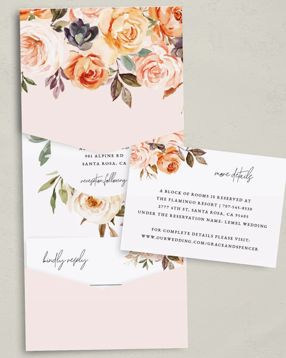 This is a 5¼" x 7¼" Folded Pocket Wedding Invitation called Romantic Garden printed in full color on Premium Smooth paper