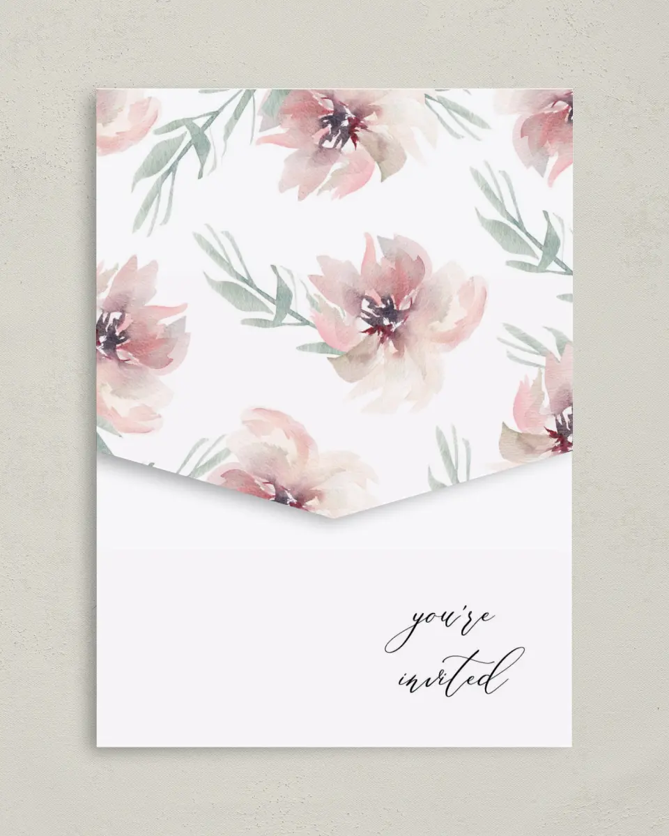 This is a 5¼" x 7¼" Folded Pocket Wedding Invitation called Soft Florals printed in full color on Premium Smooth paper