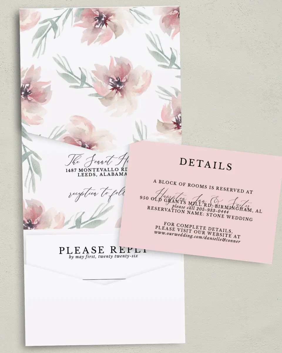 This is a 5¼" x 7¼" Folded Pocket Wedding Invitation called Soft Florals printed in full color with Gold foil on Luxe Satin (coated) paper