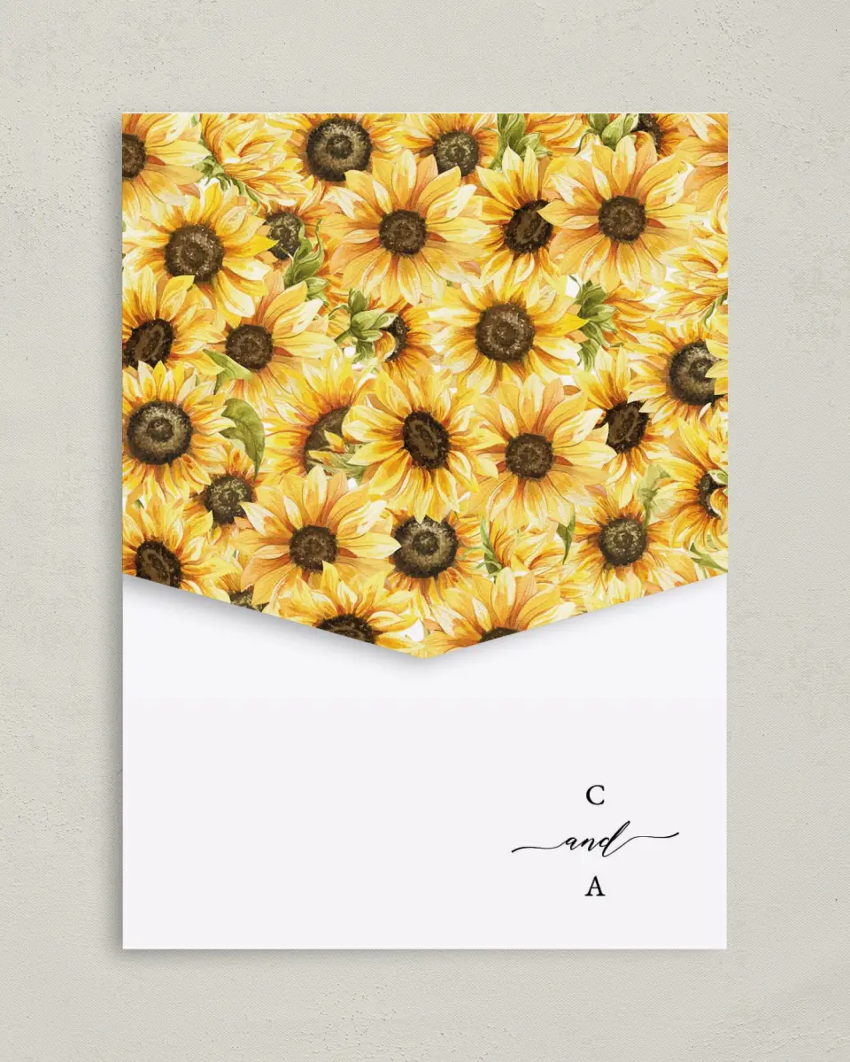 This is a 5¼" x 7¼" Folded Pocket Wedding Invitation called Sunflower Bliss printed in full color on Premium Smooth paper