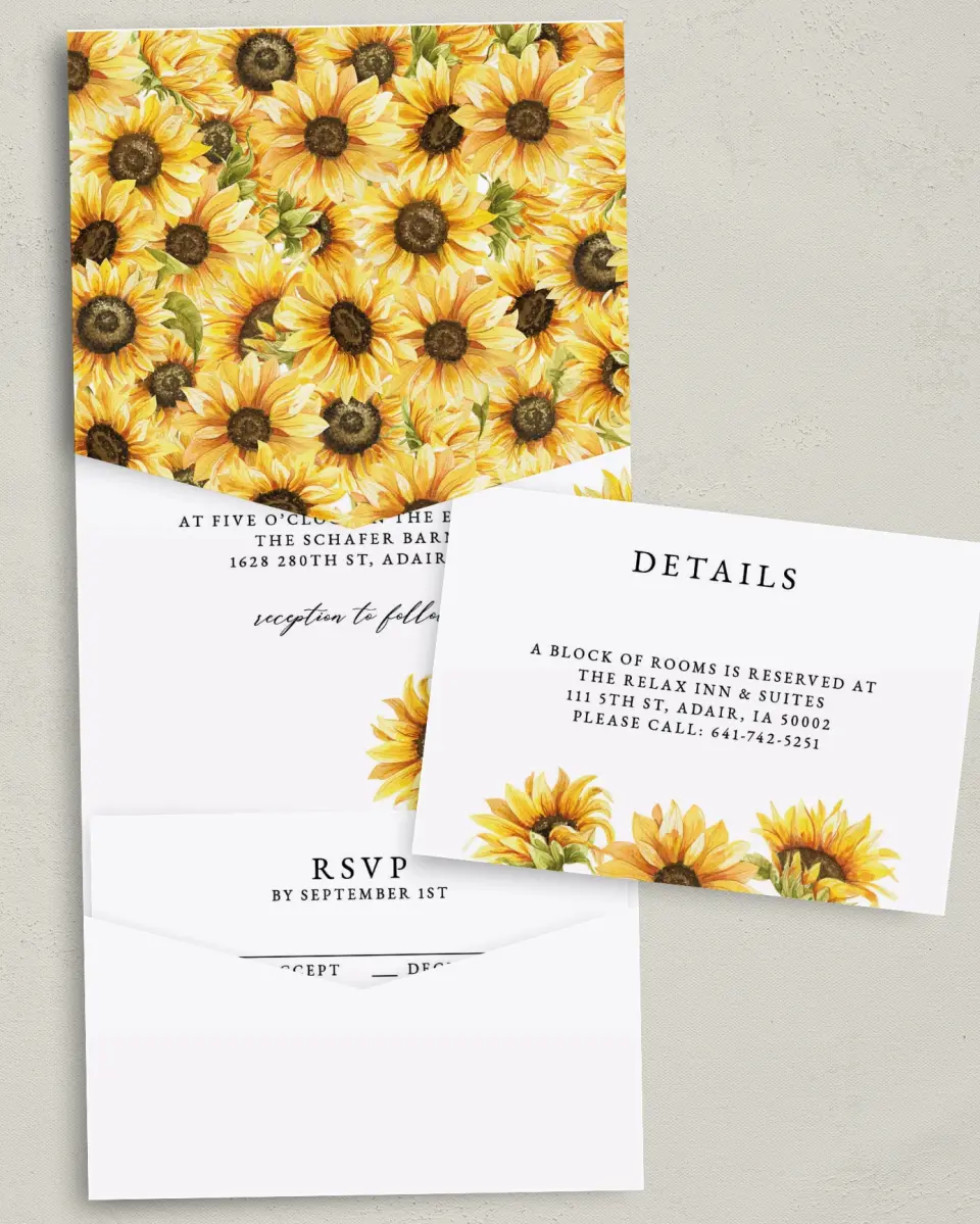 This is a 5¼" x 7¼" Folded Pocket Wedding Invitation called Sunflower Bliss printed in full color with Gold foil on Luxe Satin (coated) paper