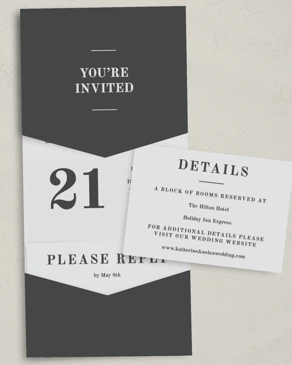 This is a 5¼" x 7¼" Folded Pocket Wedding Invitation called Glory Day printed in full color with Gold foil on Luxe Satin (coated) paper