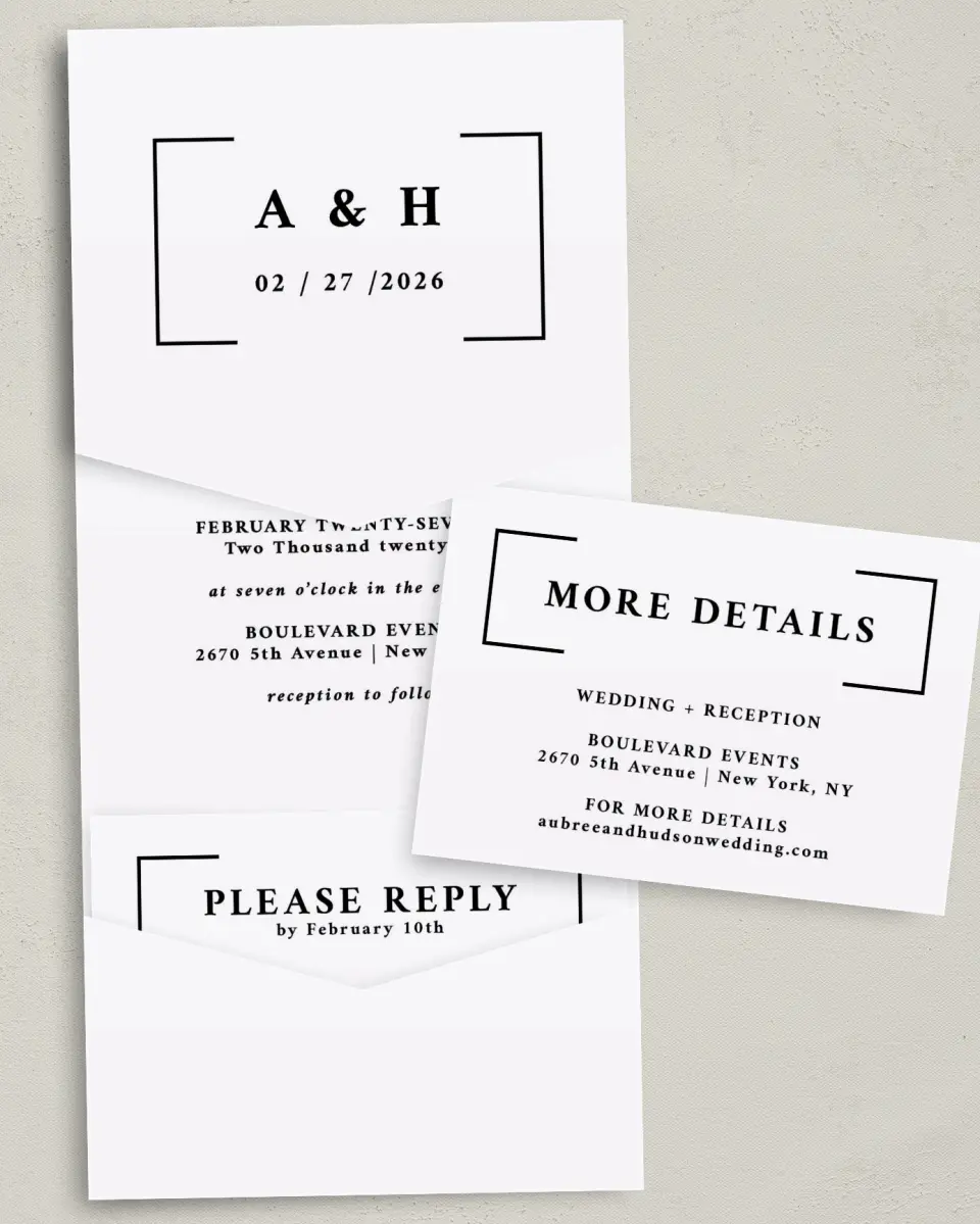 This is a 5¼" x 7¼" Folded Pocket Wedding Invitation called Bright Brace printed in full color with Gold foil on Luxe Satin (coated) paper