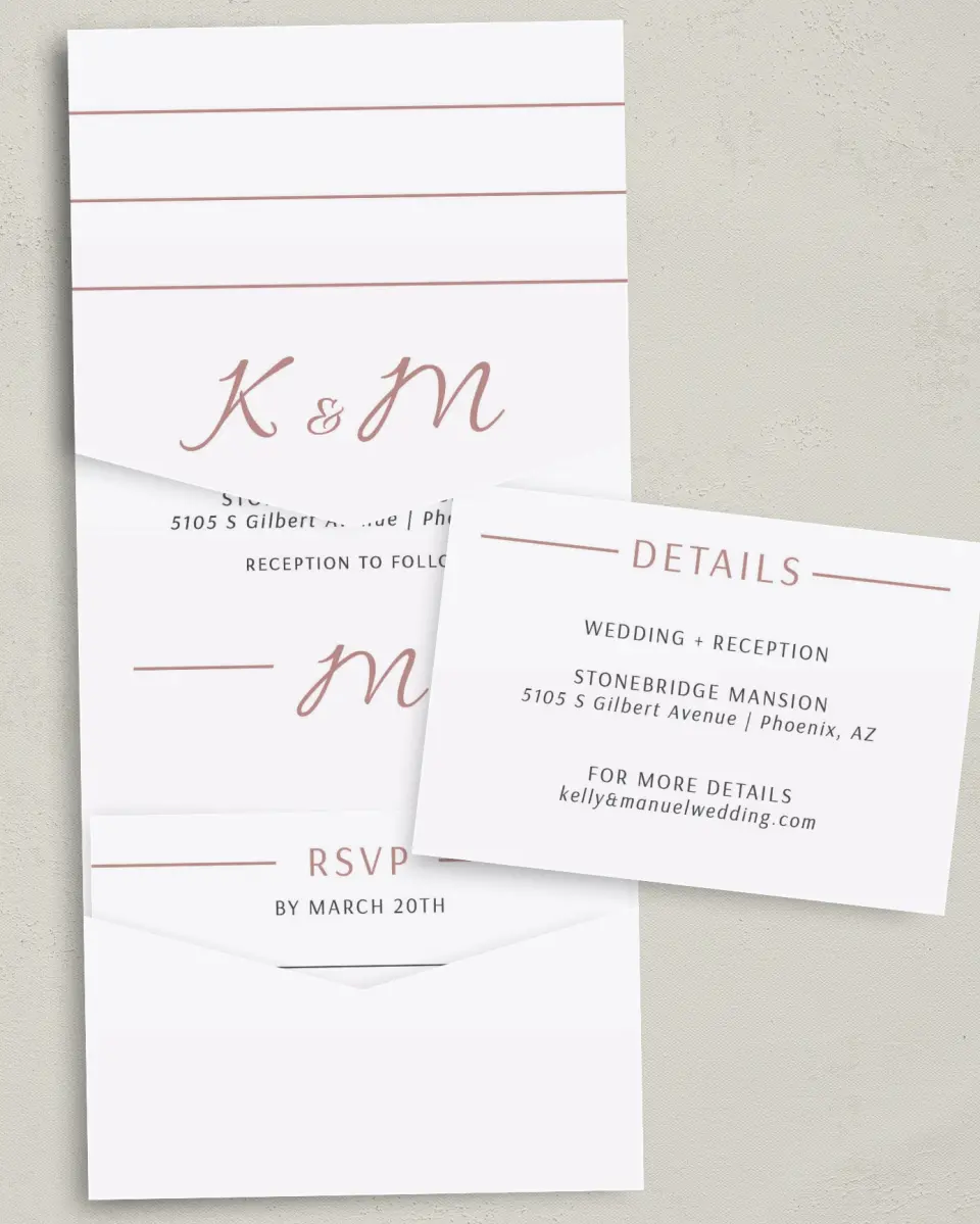 This is a 5¼" x 7¼" Folded Pocket Wedding Invitation called Expansive Line printed in full color with Gold foil on Luxe Satin (coated) paper