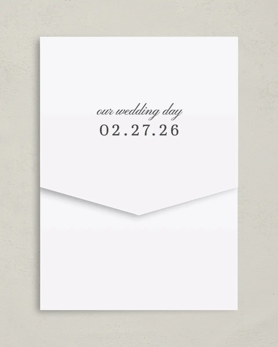 This is a 5¼" x 7¼" Folded Pocket Wedding Invitation called Graphic Enclosure printed in full color on Premium Smooth paper