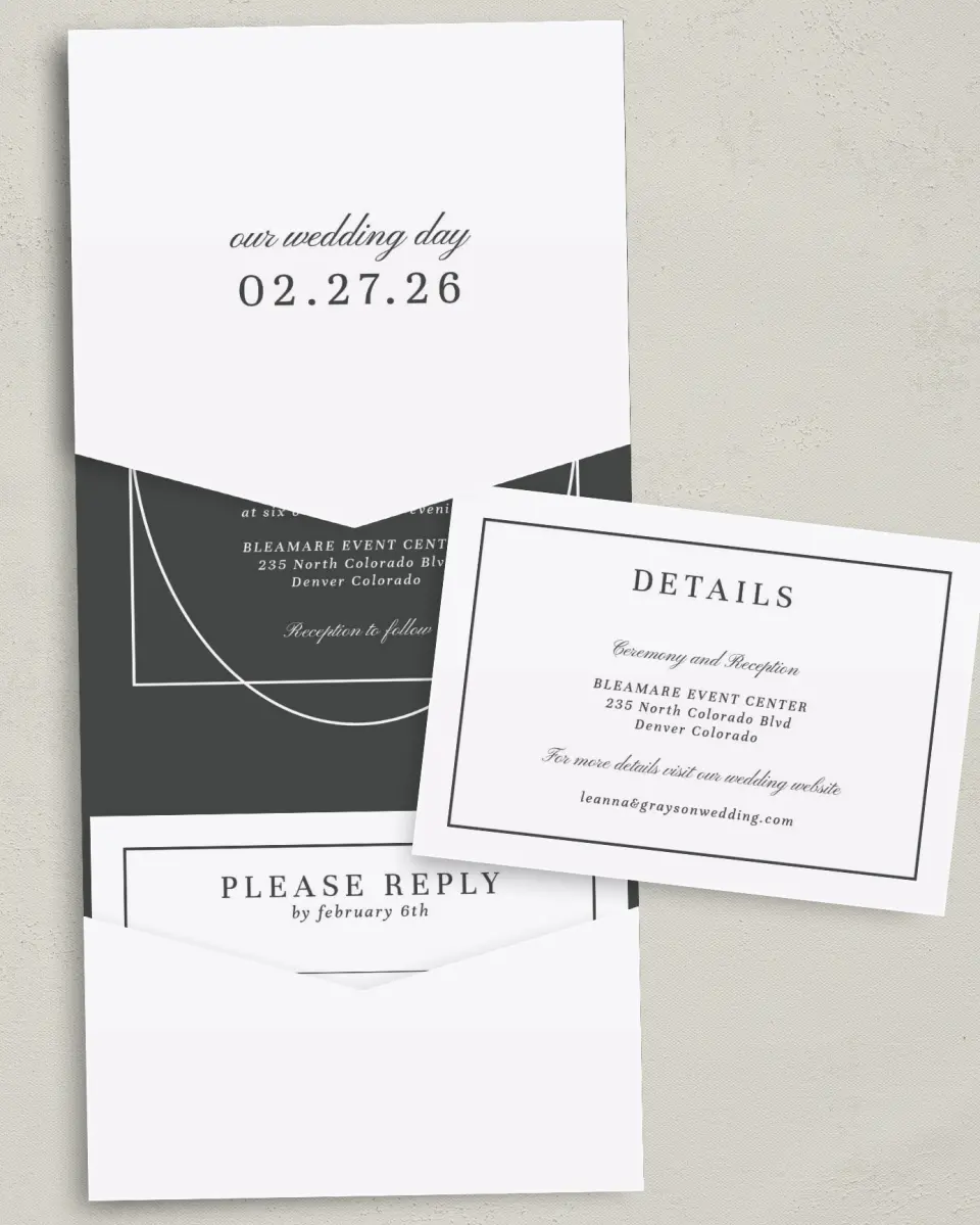 This is a 5¼" x 7¼" Folded Pocket Wedding Invitation called Graphic Enclosure printed in full color with Gold foil on Luxe Satin (coated) paper
