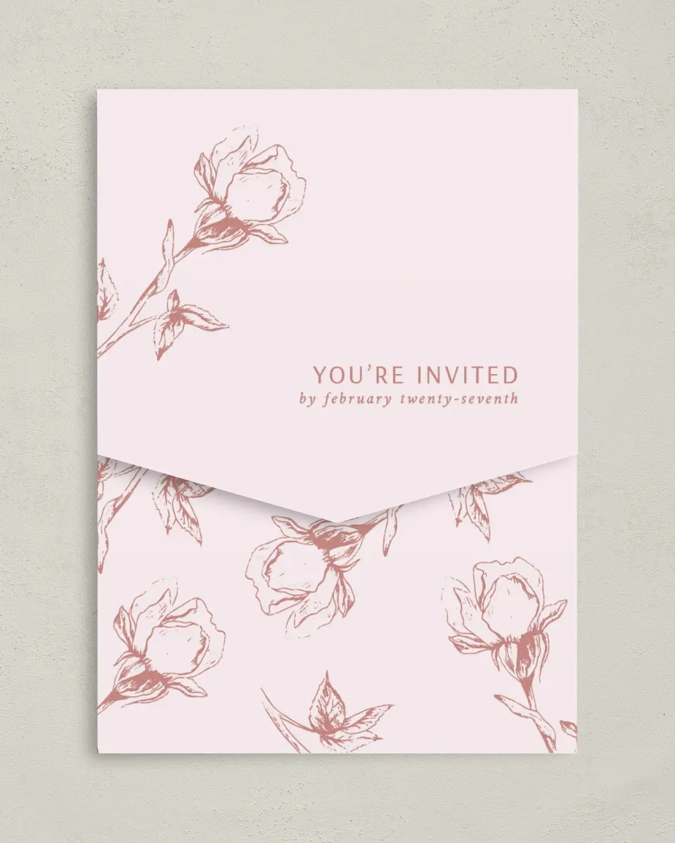 This is a 5¼" x 7¼" Folded Pocket Wedding Invitation called Blooming Bud printed in full color on Premium Smooth paper