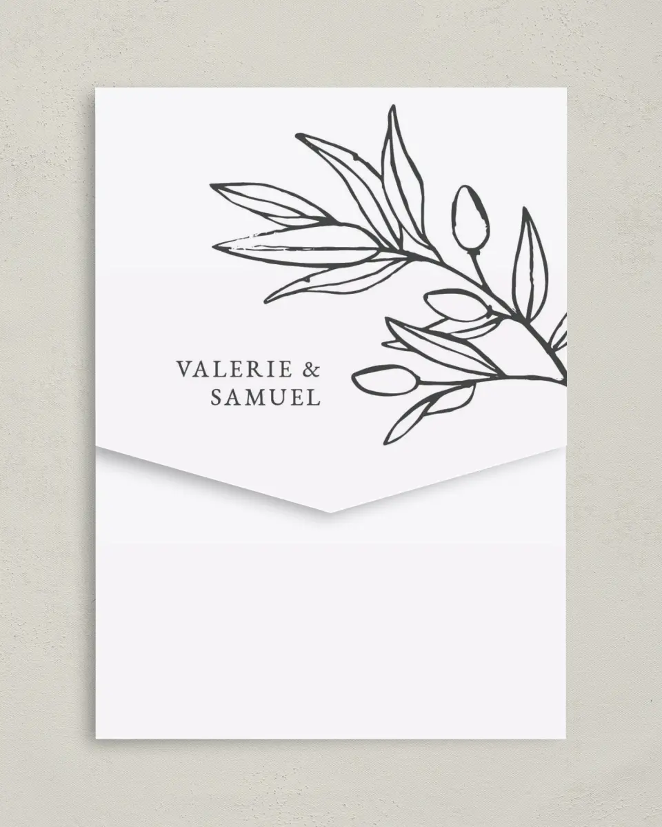 This is a 5¼" x 7¼" Folded Pocket Wedding Invitation called Branch Sketch printed in full color on Premium Smooth paper