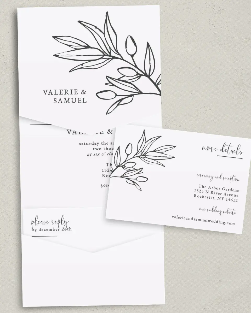 This is a 5¼" x 7¼" Folded Pocket Wedding Invitation called Branch Sketch printed in full color with Gold foil on Luxe Satin (coated) paper