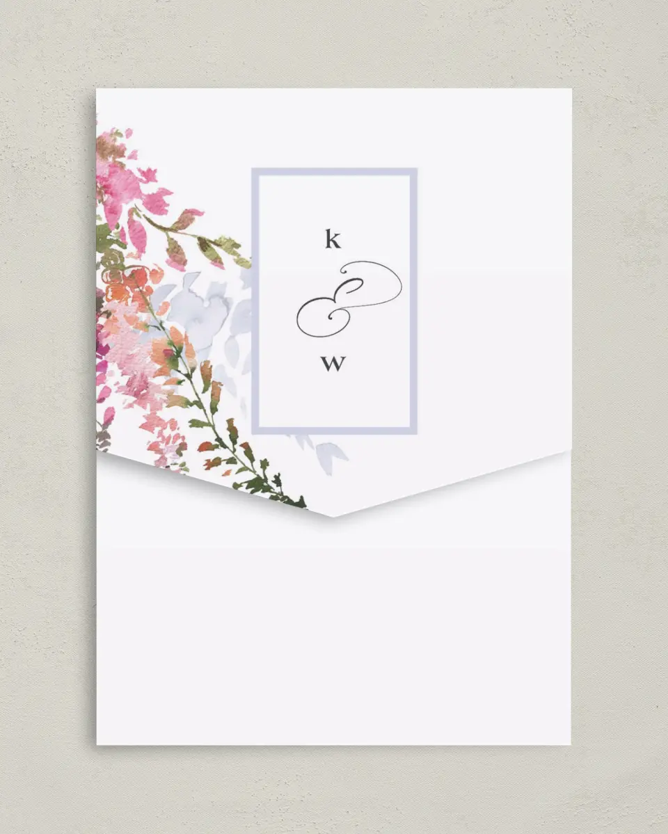 This is a 5¼" x 7¼" Folded Pocket Wedding Invitation called Blushing Bouquet printed in full color on Premium Smooth paper
