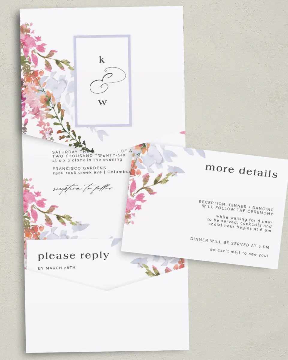 This is a 5¼" x 7¼" Folded Pocket Wedding Invitation called Blushing Bouquet printed in full color with Gold foil on Luxe Satin (coated) paper