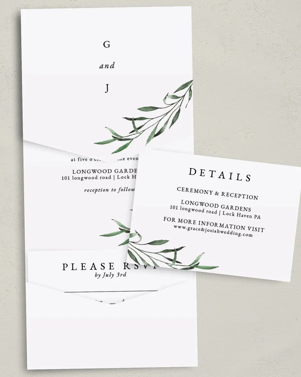 This is a 5¼" x 7¼" Folded Pocket Wedding Invitation called Tender Twig printed in full color with Gold foil on Luxe Satin (coated) paper
