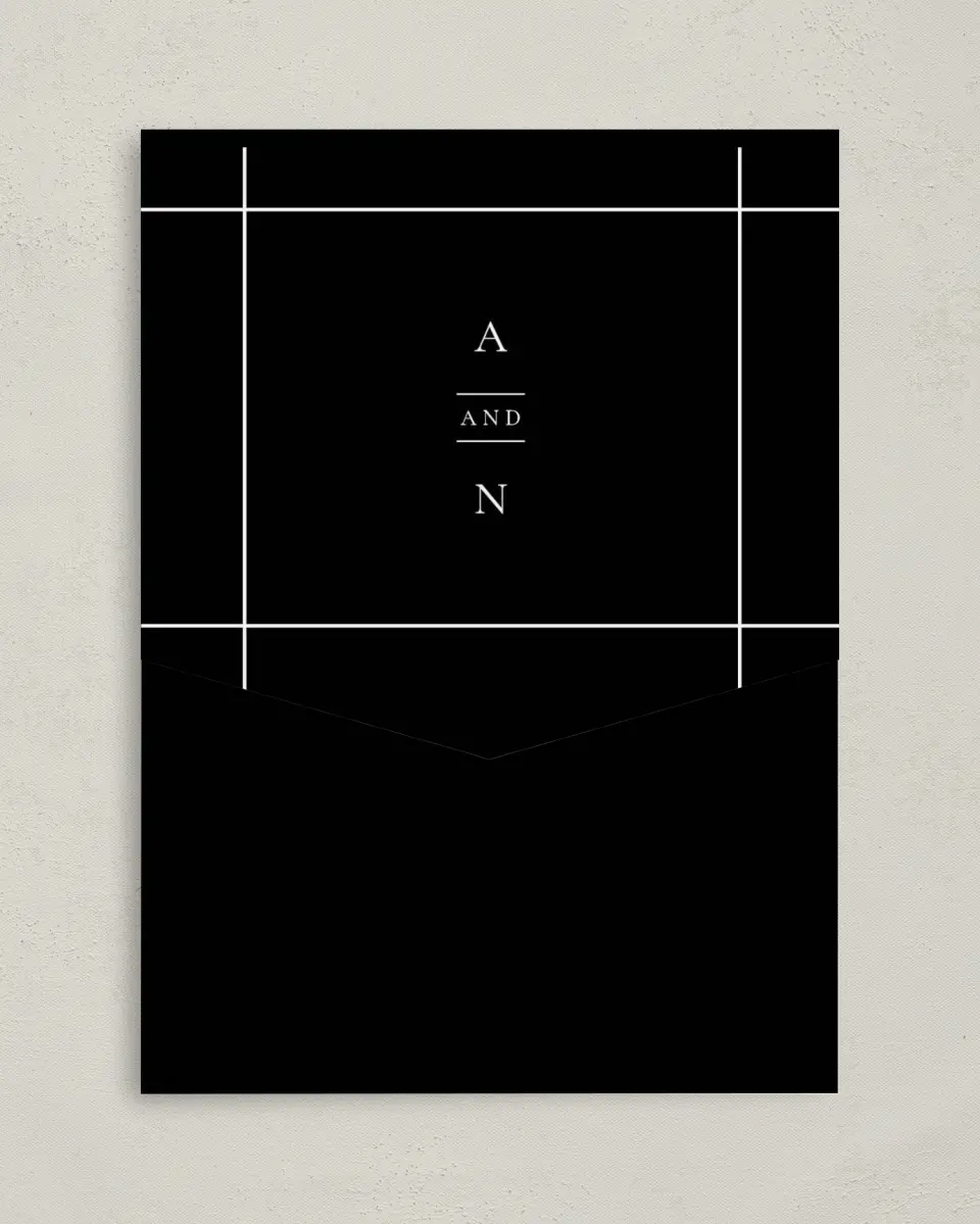 This is a 5¼" x 7¼" Folded Pocket Wedding Invitation called Modern Trim printed in full color on Premium Smooth paper