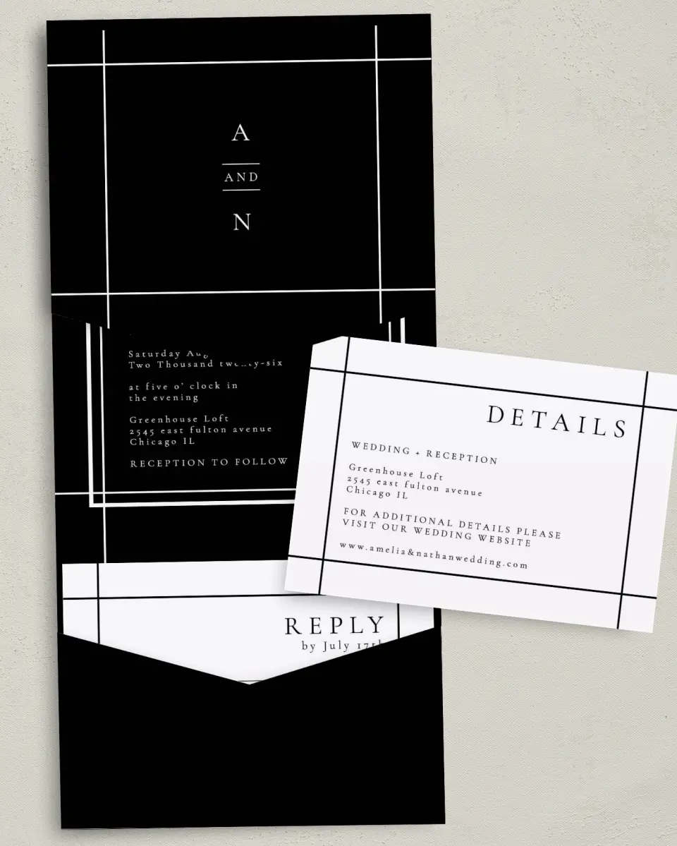 This is a 5¼" x 7¼" Folded Pocket Wedding Invitation called Modern Trim printed in full color with Gold foil on Luxe Satin (coated) paper