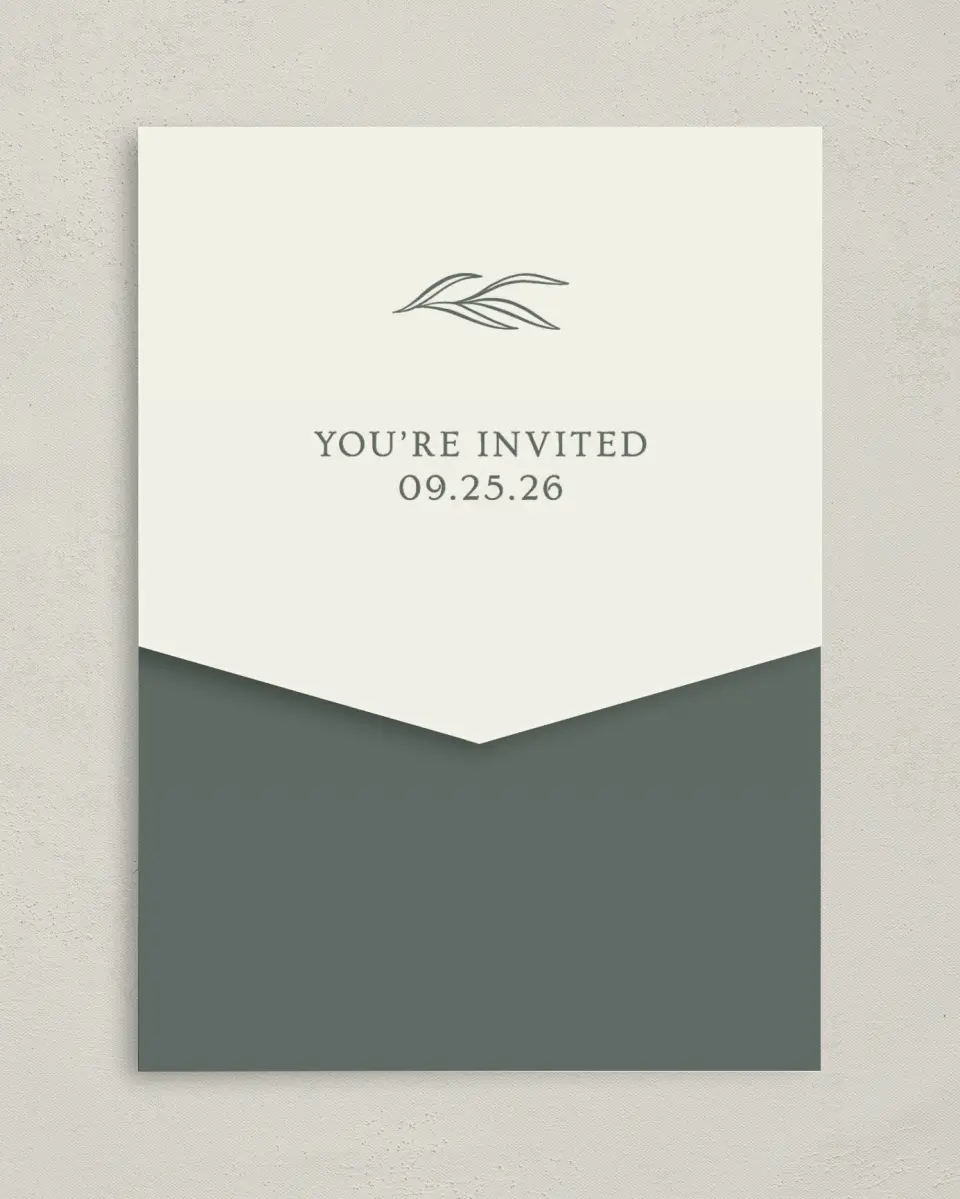 This is a 5¼" x 7¼" Folded Pocket Wedding Invitation called Whisper Twig printed in full color on Premium Smooth paper