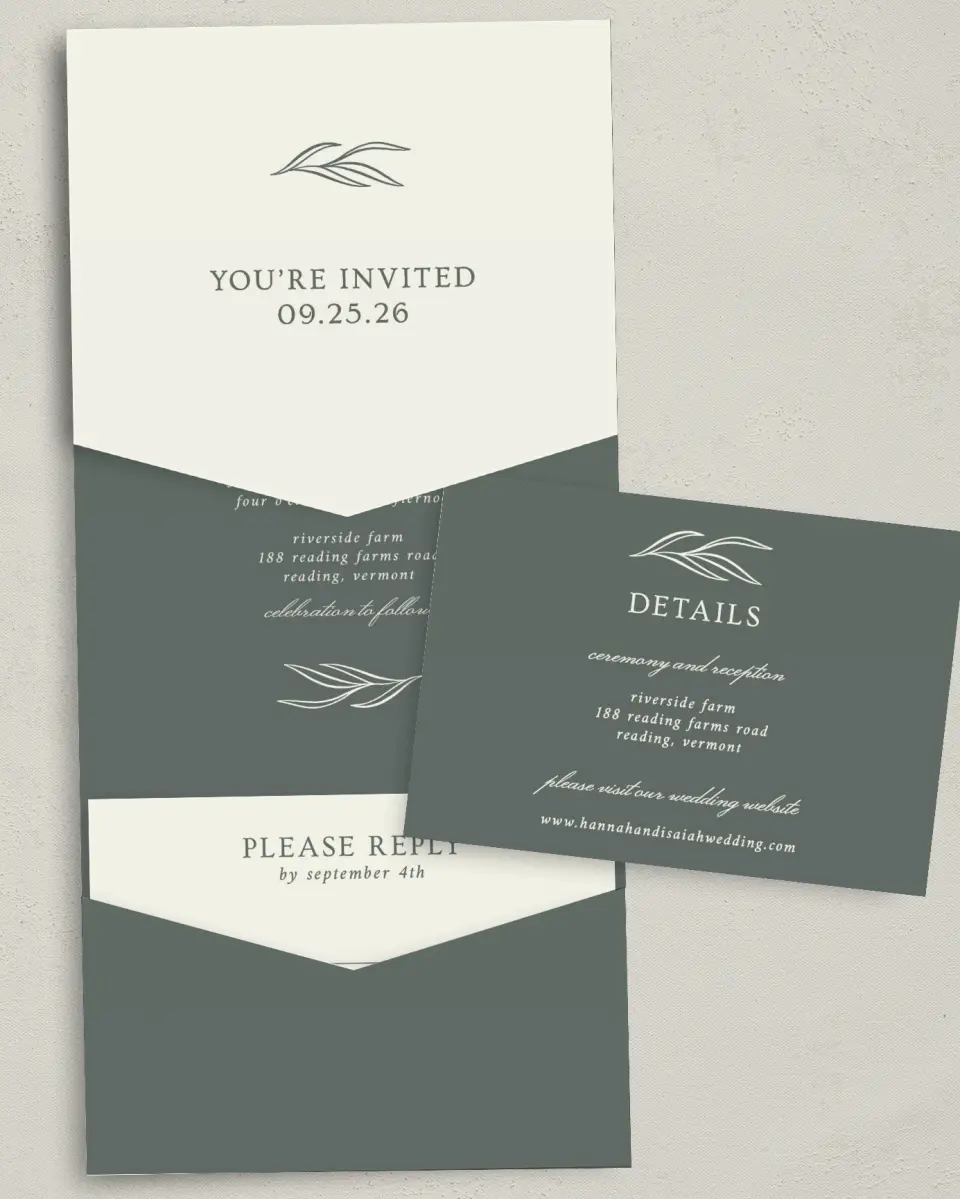 This is a 5¼" x 7¼" Folded Pocket Wedding Invitation called Whisper Twig printed in full color with Gold foil on Luxe Satin (coated) paper