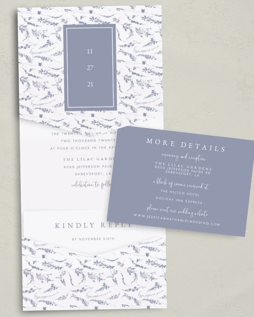 This is a 5¼" x 7¼" Folded Pocket Wedding Invitation called Dainty Wreath printed in full color with Gold foil on Luxe Satin (coated) paper