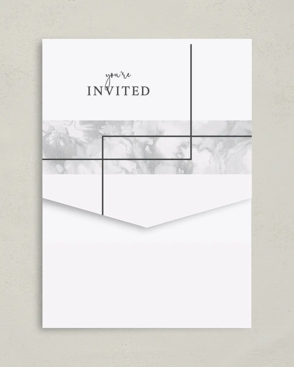 This is a 5¼" x 7¼" Folded Pocket Wedding Invitation called Joined Lines printed in full color on Premium Smooth paper