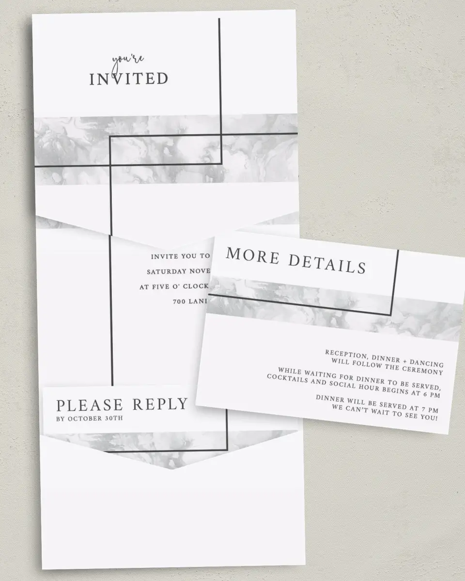 This is a 5¼" x 7¼" Folded Pocket Wedding Invitation called Joined Lines printed in full color with Gold foil on Luxe Satin (coated) paper