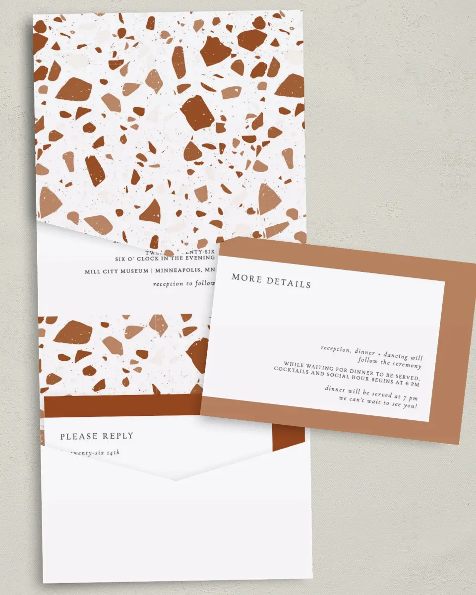 This is a 5¼" x 7¼" Folded Pocket Wedding Invitation called Cornerstone of Love printed in full color with Gold foil on Luxe Satin (coated) paper