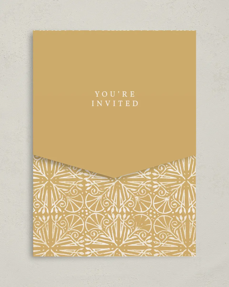This is a 5¼" x 7¼" Folded Pocket Wedding Invitation called Decorated Luxury printed in full color on Premium Smooth paper