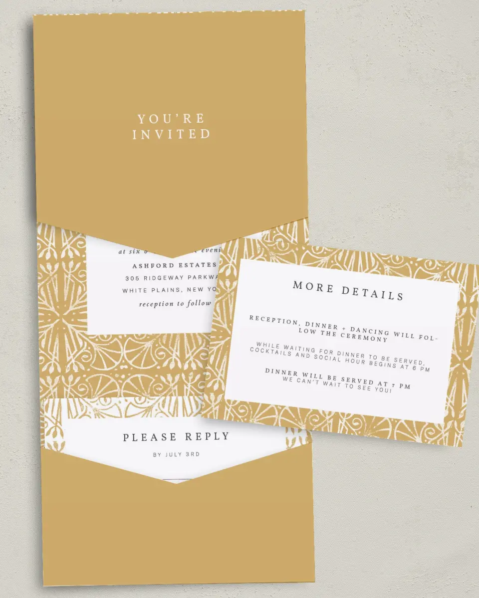 This is a 5¼" x 7¼" Folded Pocket Wedding Invitation called Decorated Luxury printed in full color with Gold foil on Luxe Satin (coated) paper