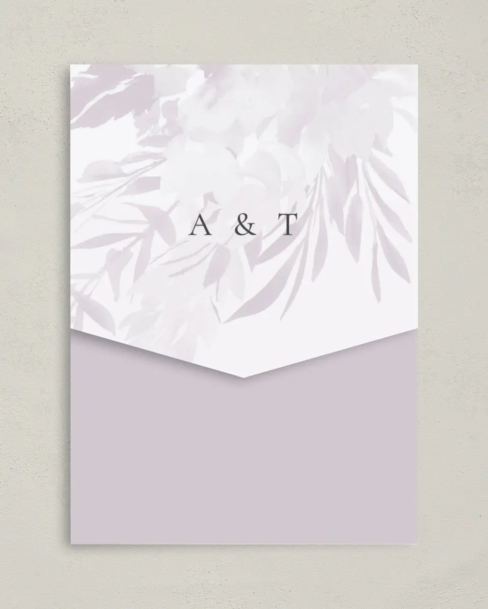 This is a 5¼" x 7¼" Folded Pocket Wedding Invitation called Floral Burst printed in full color on Premium Smooth paper