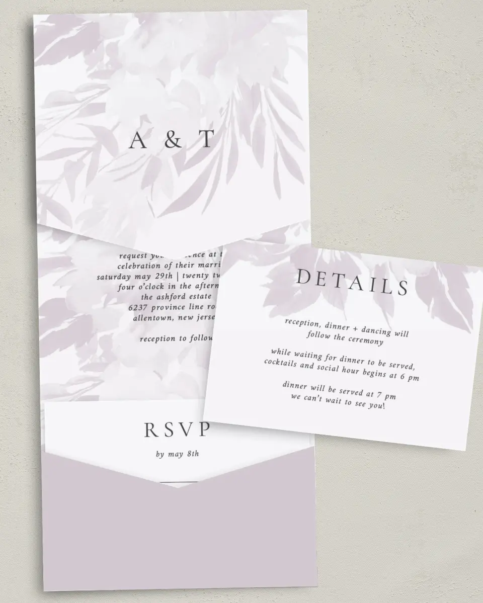 This is a 5¼" x 7¼" Folded Pocket Wedding Invitation called Floral Burst printed in full color with Gold foil on Luxe Satin (coated) paper