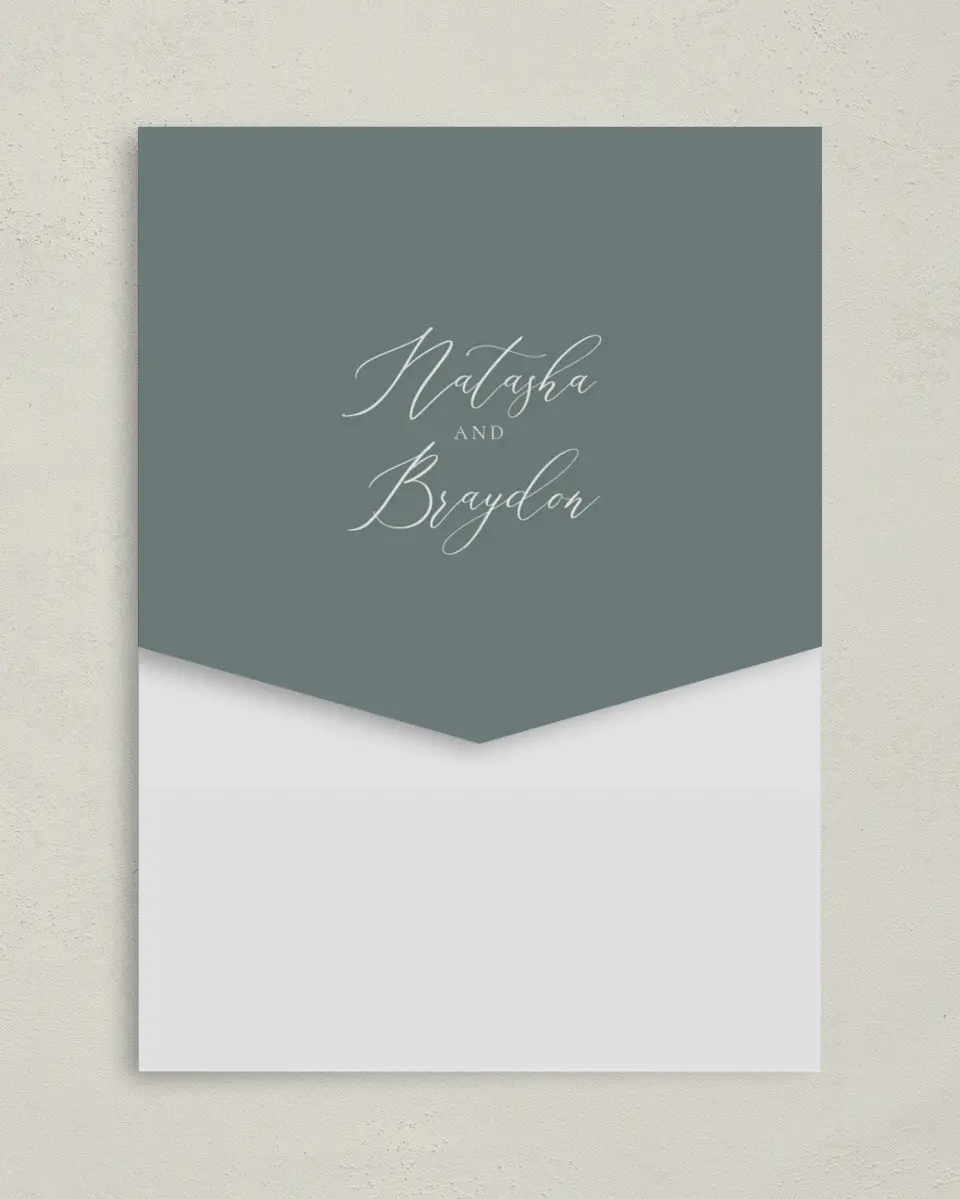 This is a 5¼" x 7¼" Folded Pocket Wedding Invitation called Timeless Order printed in full color on Premium Smooth paper