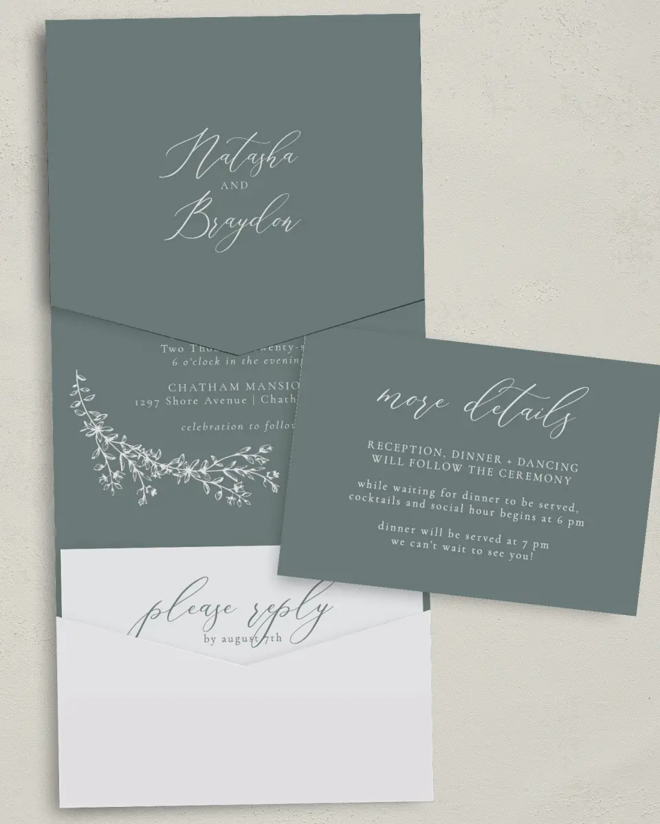 This is a 5¼" x 7¼" Folded Pocket Wedding Invitation called Timeless Order printed in full color with Gold foil on Luxe Satin (coated) paper