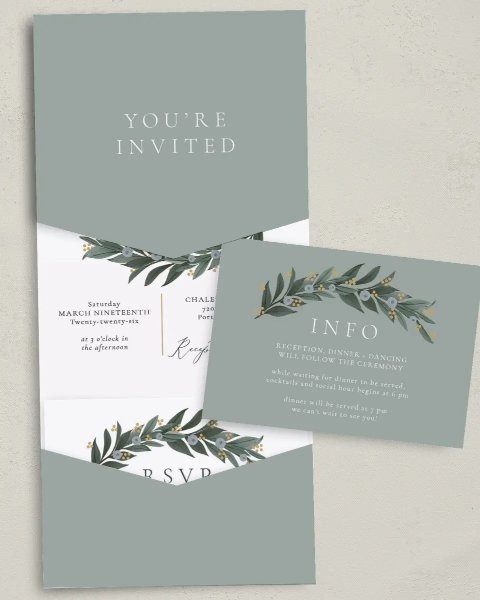 This is a 5¼" x 7¼" Folded Pocket Wedding Invitation called Majestic Love printed in full color with Gold foil on Luxe Satin (coated) paper