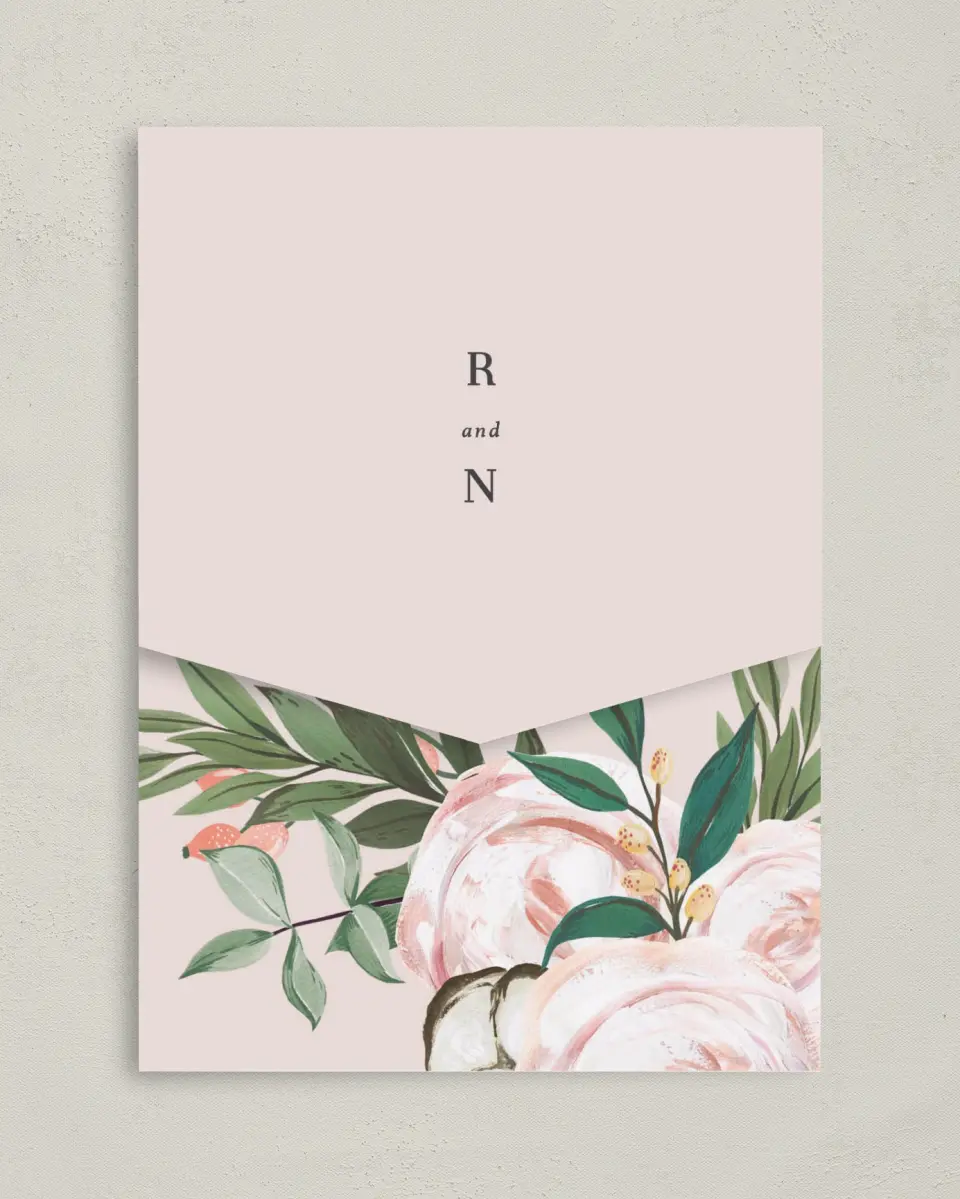 This is a 5¼" x 7¼" Folded Pocket Wedding Invitation called Soft Rose printed in full color on Premium Smooth paper