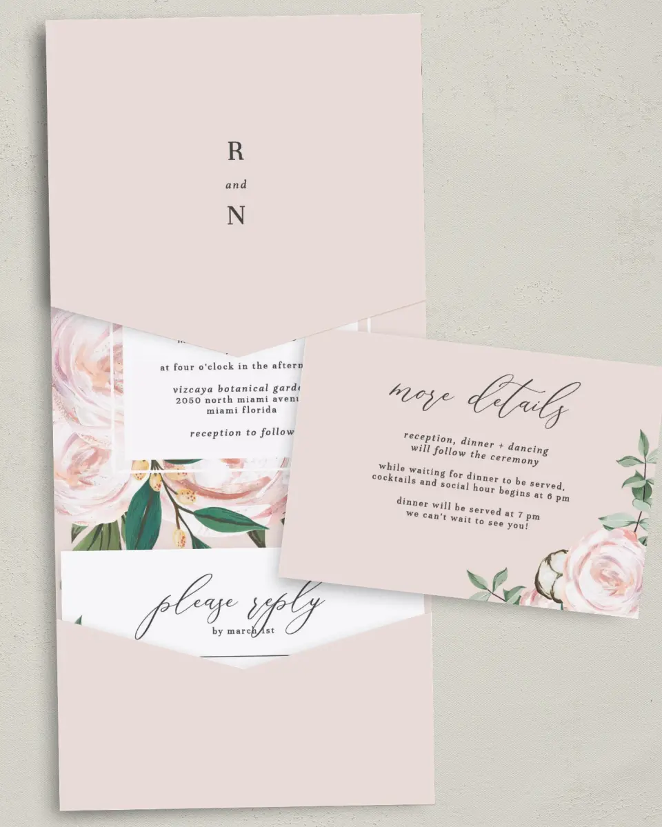 This is a 5¼" x 7¼" Folded Pocket Wedding Invitation called Soft Rose printed in full color with Gold foil on Luxe Satin (coated) paper
