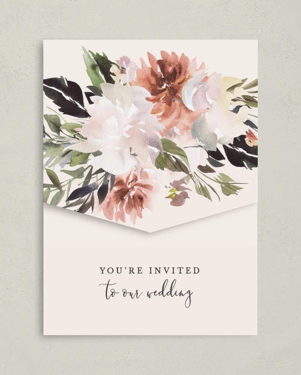 This is a 5¼" x 7¼" Folded Pocket Wedding Invitation called Natural Love printed in full color on Premium Smooth paper