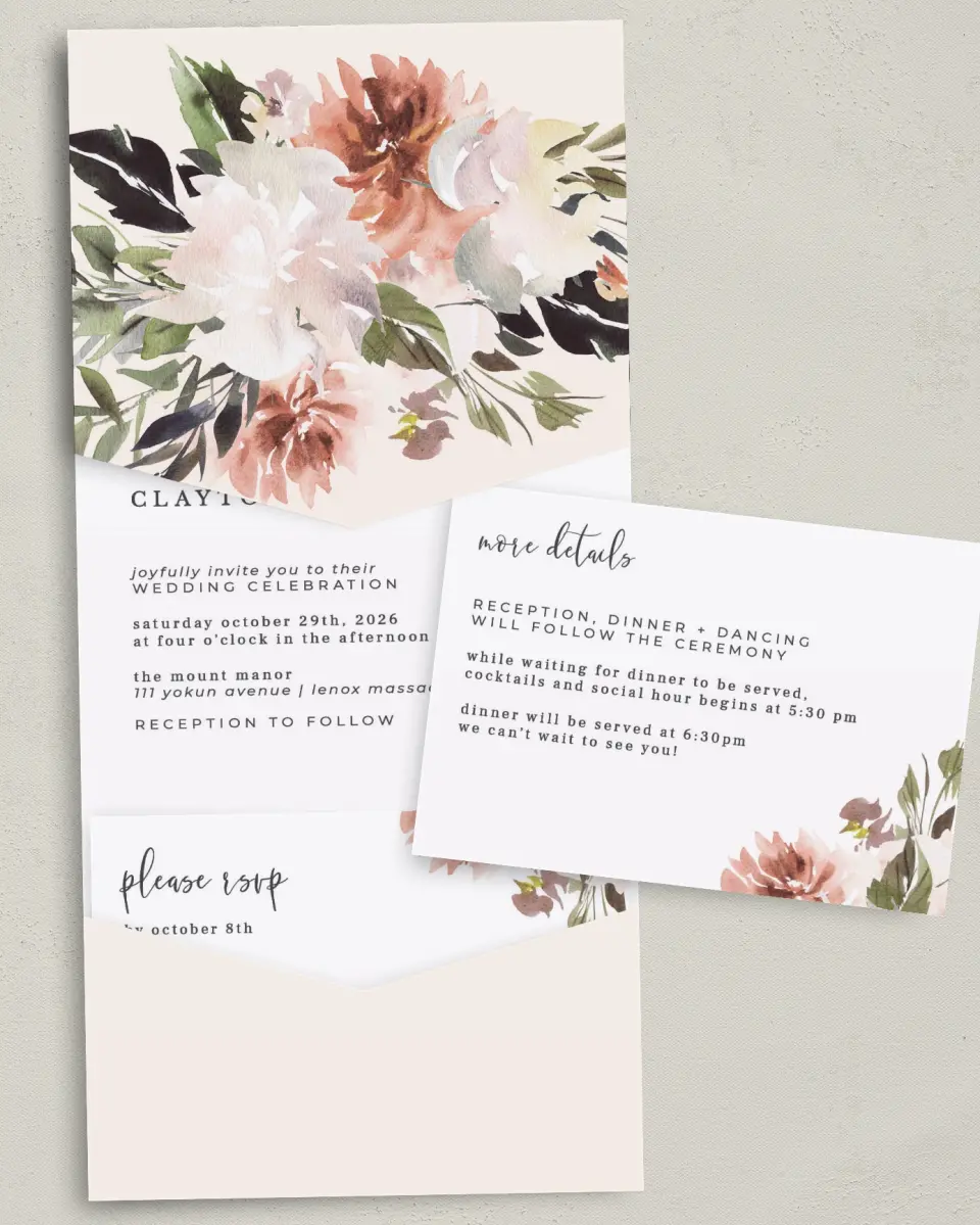 This is a 5¼" x 7¼" Folded Pocket Wedding Invitation called Natural Love printed in full color with Gold foil on Luxe Satin (coated) paper