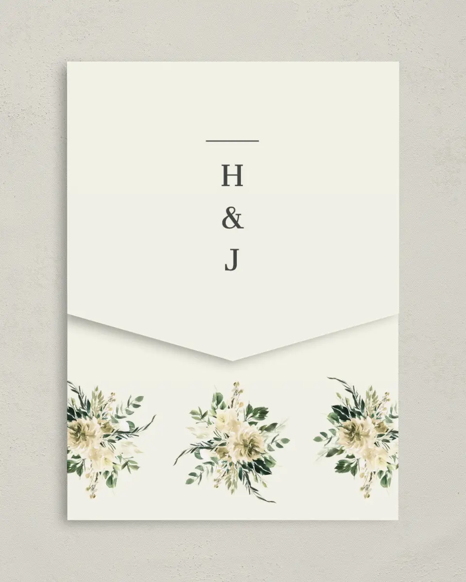 This is a 5¼" x 7¼" Folded Pocket Wedding Invitation called Honest Bouquet printed in full color on Premium Smooth paper