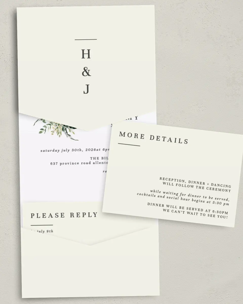This is a 5¼" x 7¼" Folded Pocket Wedding Invitation called Honest Bouquet printed in full color with Gold foil on Luxe Satin (coated) paper